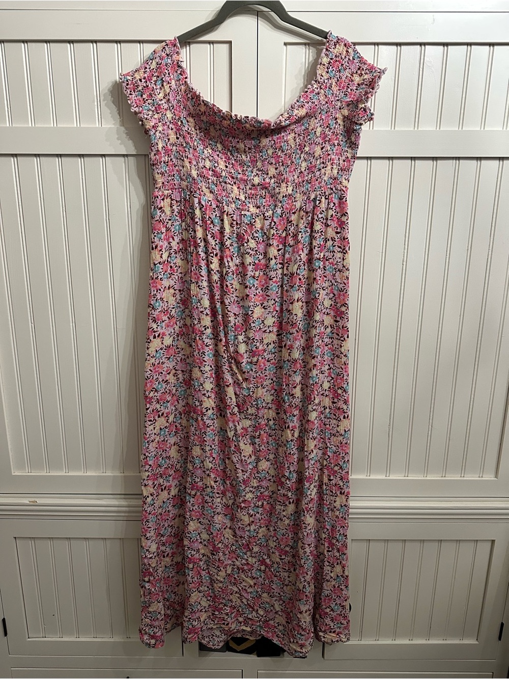 SO Pink Floral Smocked Maxi Dress with Blue & Cream Accents
